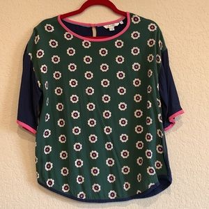 Boden Green Floral Short Sleeve Blouse with Pink Trim